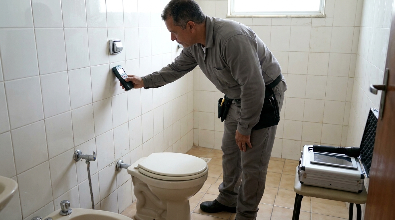 Técnico de caça vazamento analisando tubulação em Porto Alegre‑RS