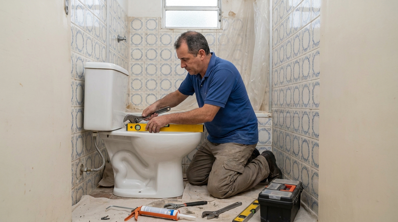 Técnico instalando vaso sanitário em Porto Alegre‑RS